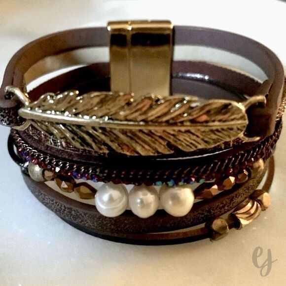Seascape Serenity Brown Boho Cuff Bracelet - Real Cultured Pearls & Leaf Charm - Picture 3 of 6